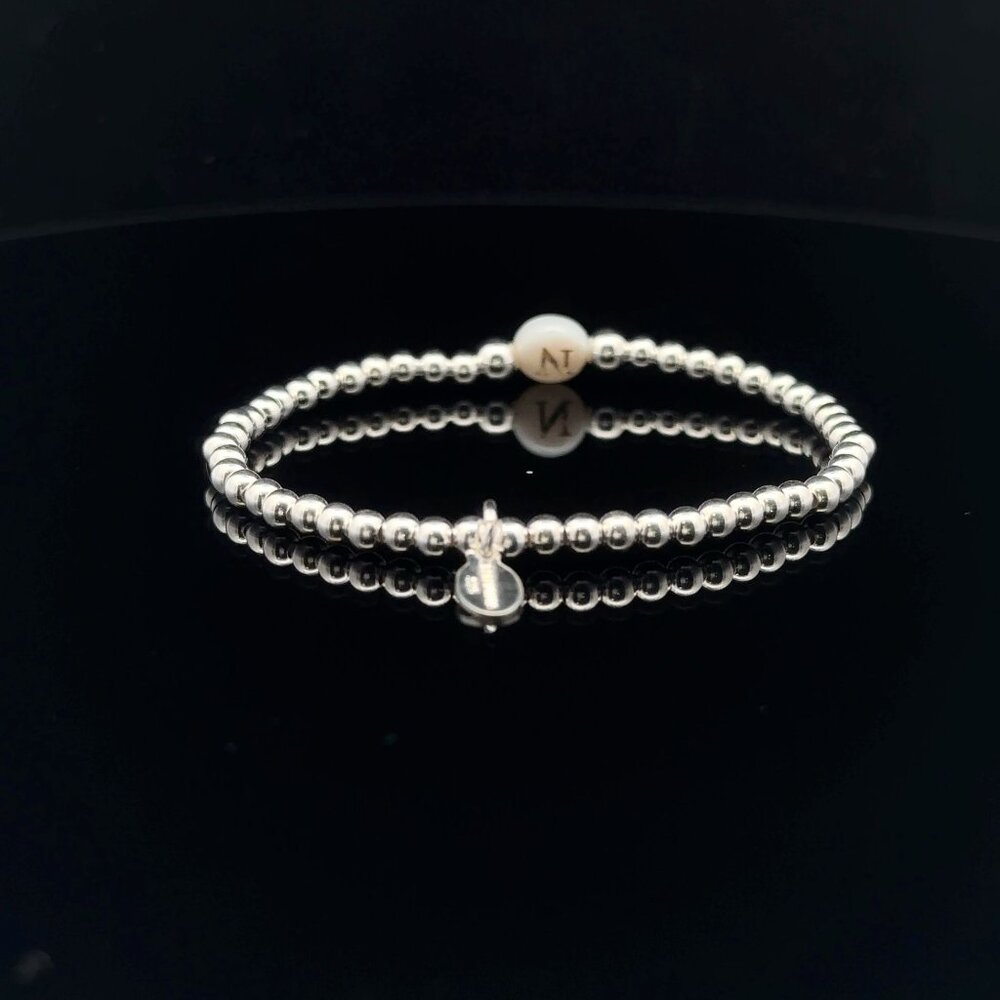 925 Sterling Silver Beaded Stretch Stacking Bracelet MOP Letter Initial N - Picture 5 of 6